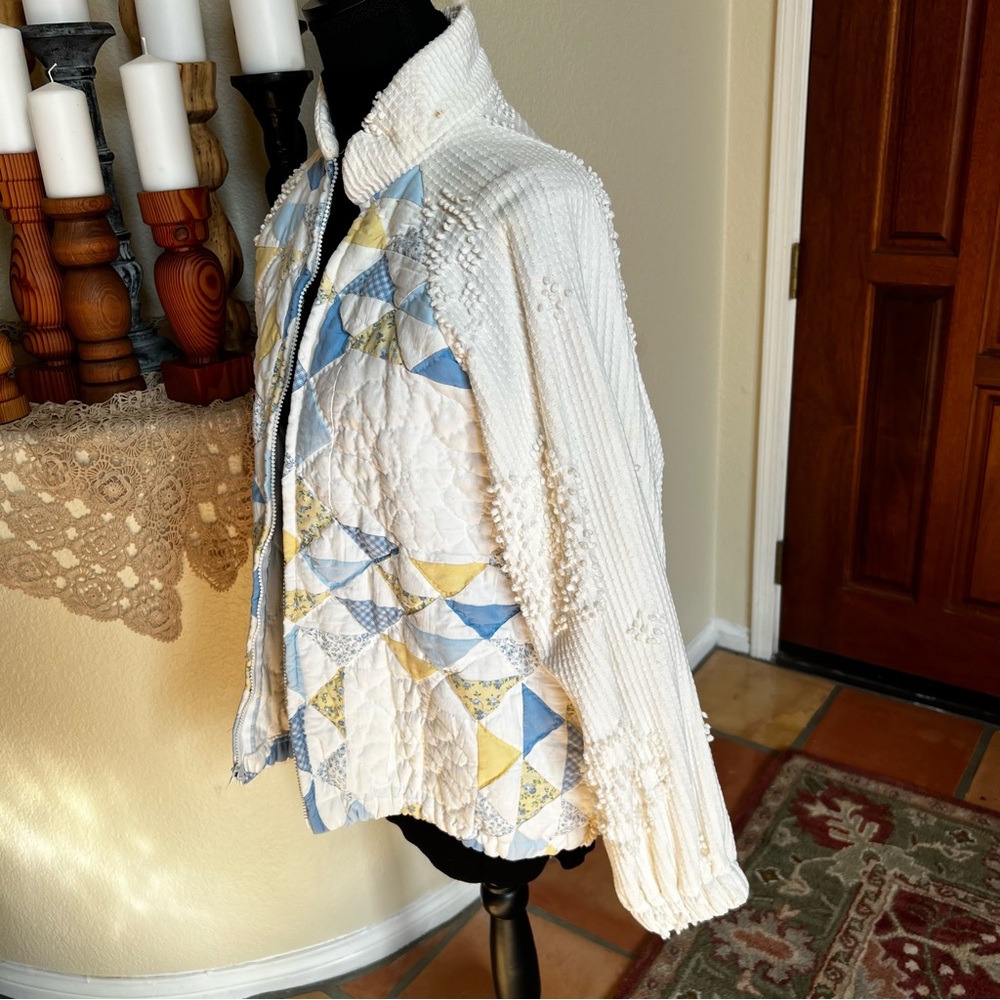 Quilted Patchwork Bomber Jacket - Cream with Blue… - image 4